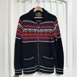 French Connection Black Blue Nordic Acrylic/Cotton Zip Up Cardigan w pockets. M